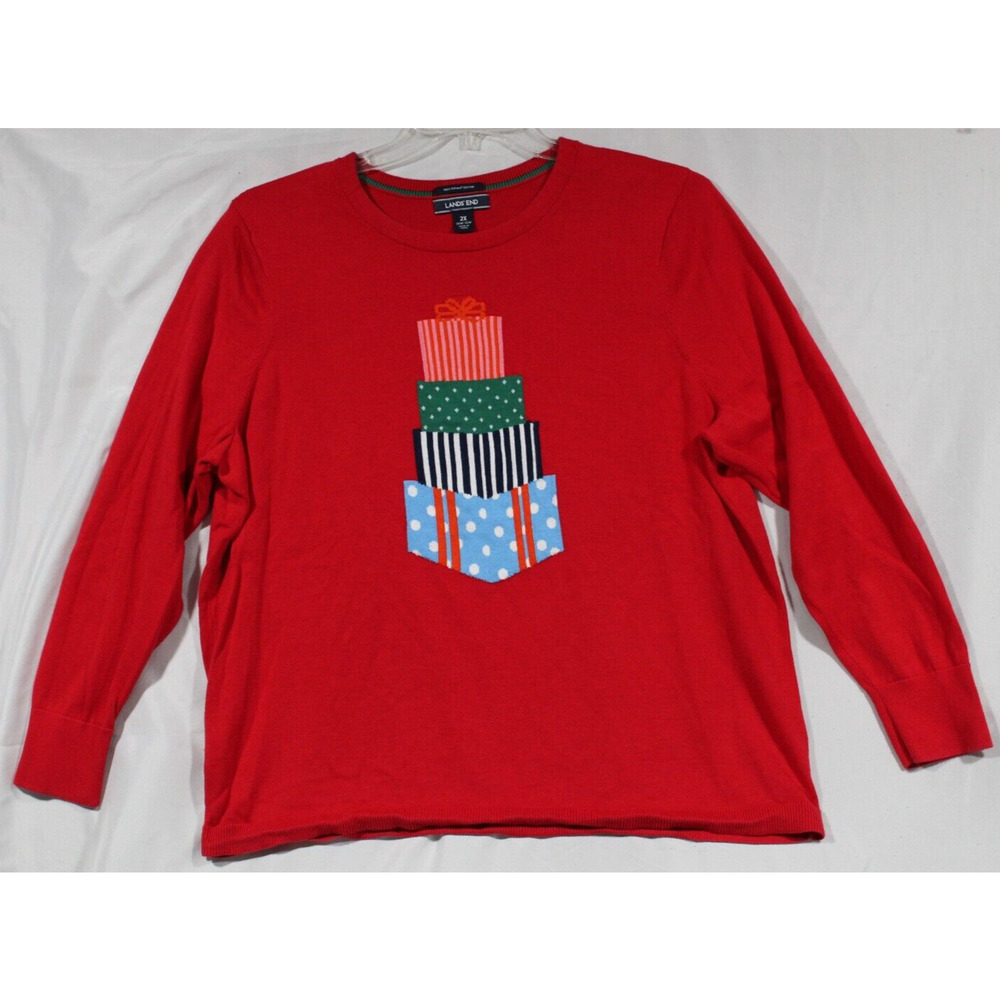 Land's End Red Christmas Sweater Women's 2X (20W/22W) Crew Neck Pull-over LS
